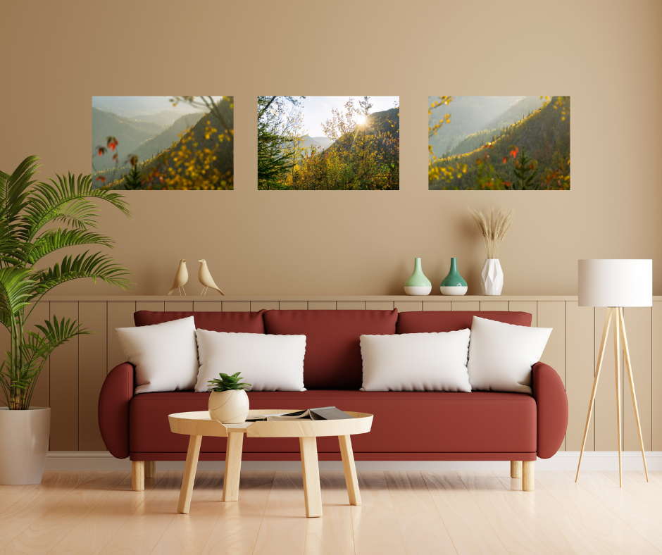 Mountain magic  is that special moment right before the sun sets behind the mountains. This was in Charlevoix, Quebec. Wall art - set of 3 photos printed in premium quality paper.