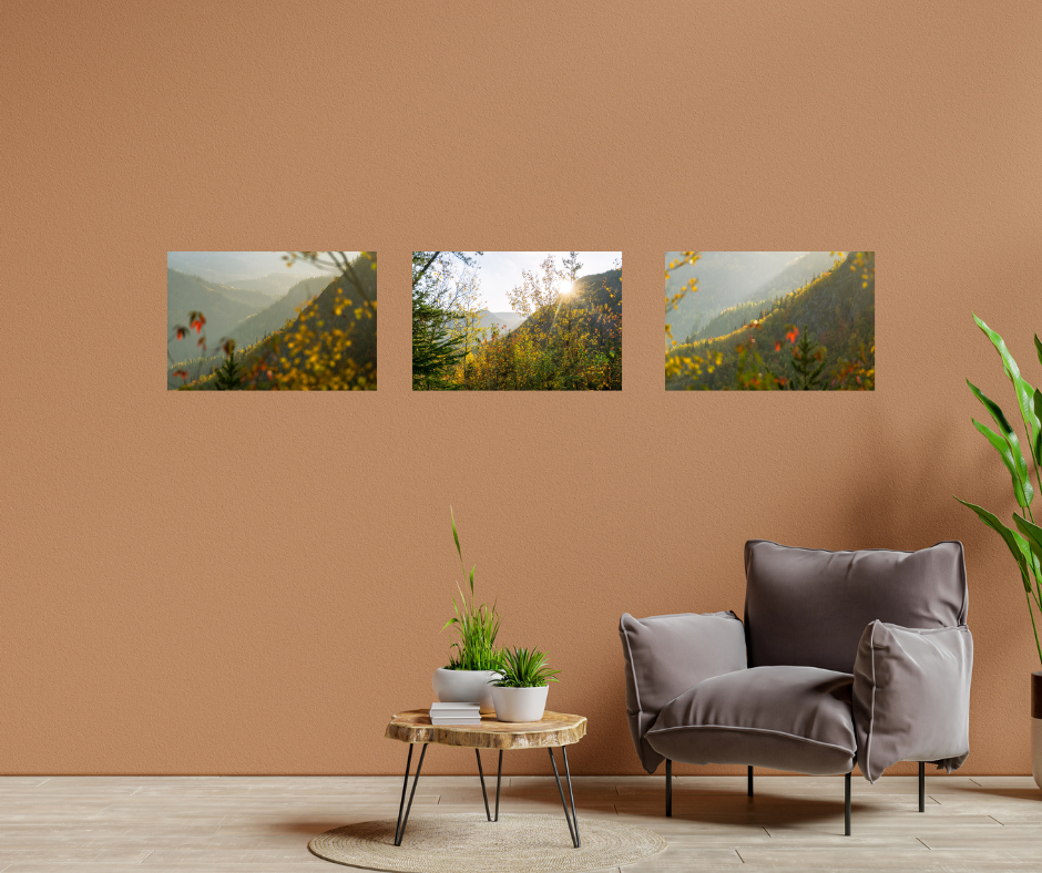 Mountain magic  is that special moment right before the sun sets behind the mountains. This was in Charlevoix, Quebec. Wall art - set of 3 photos printed in premium quality paper.