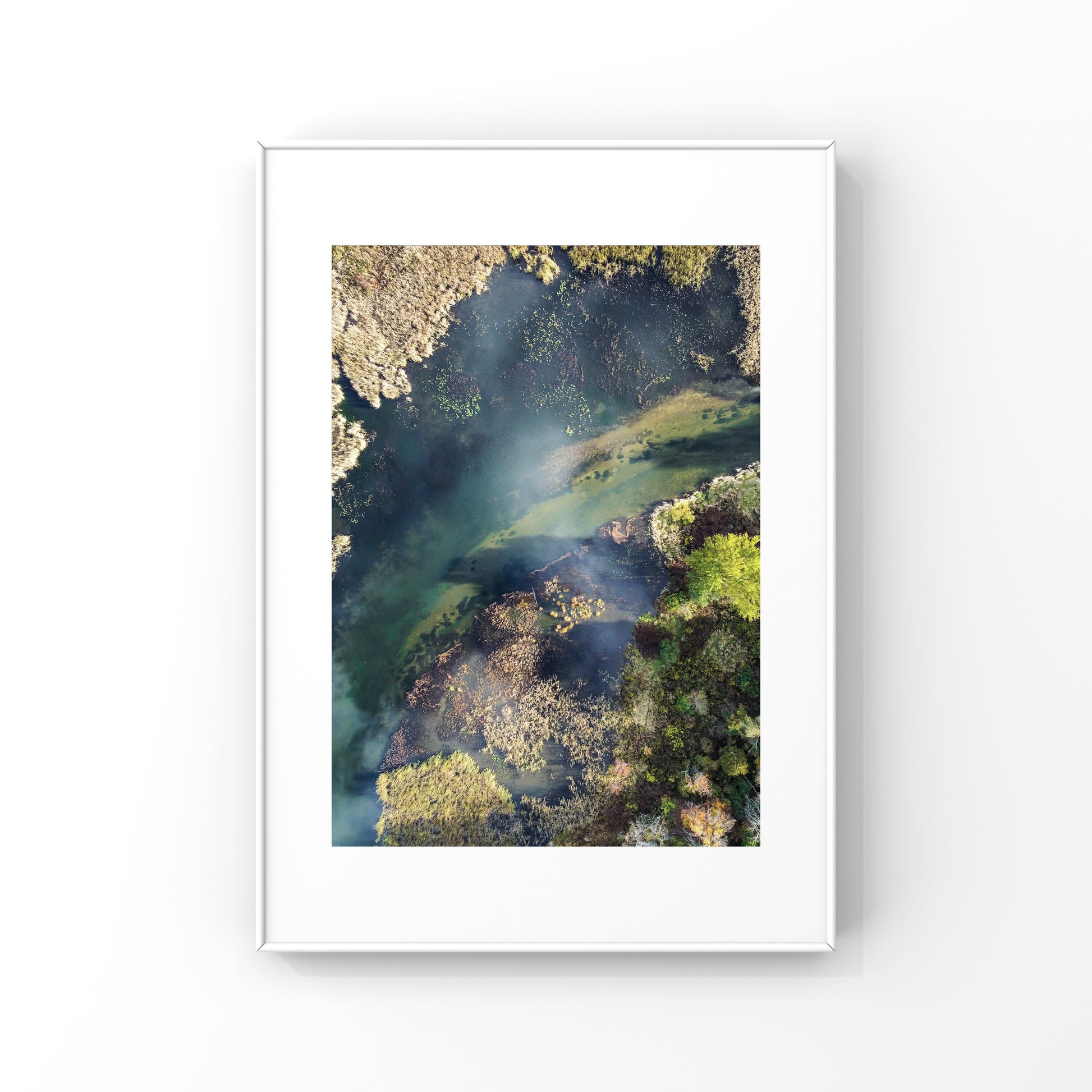 Aerial view of a river with green moss and shadows, the water is a deep turquoise blue, abstract nature photography print for sale