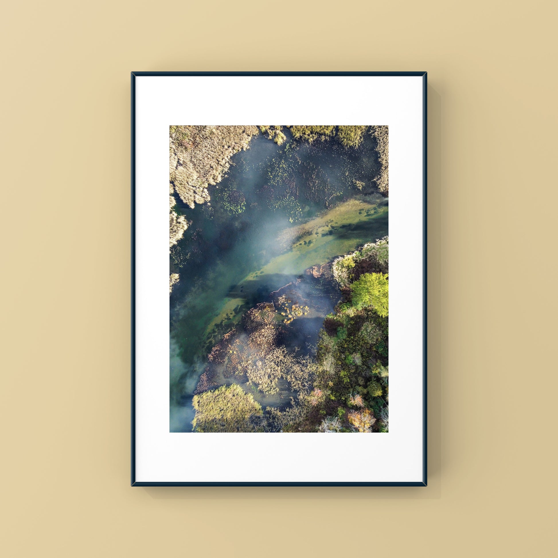 Aerial view of a river with green moss and shadows, the water is a deep turquoise blue, abstract nature photography print for sale