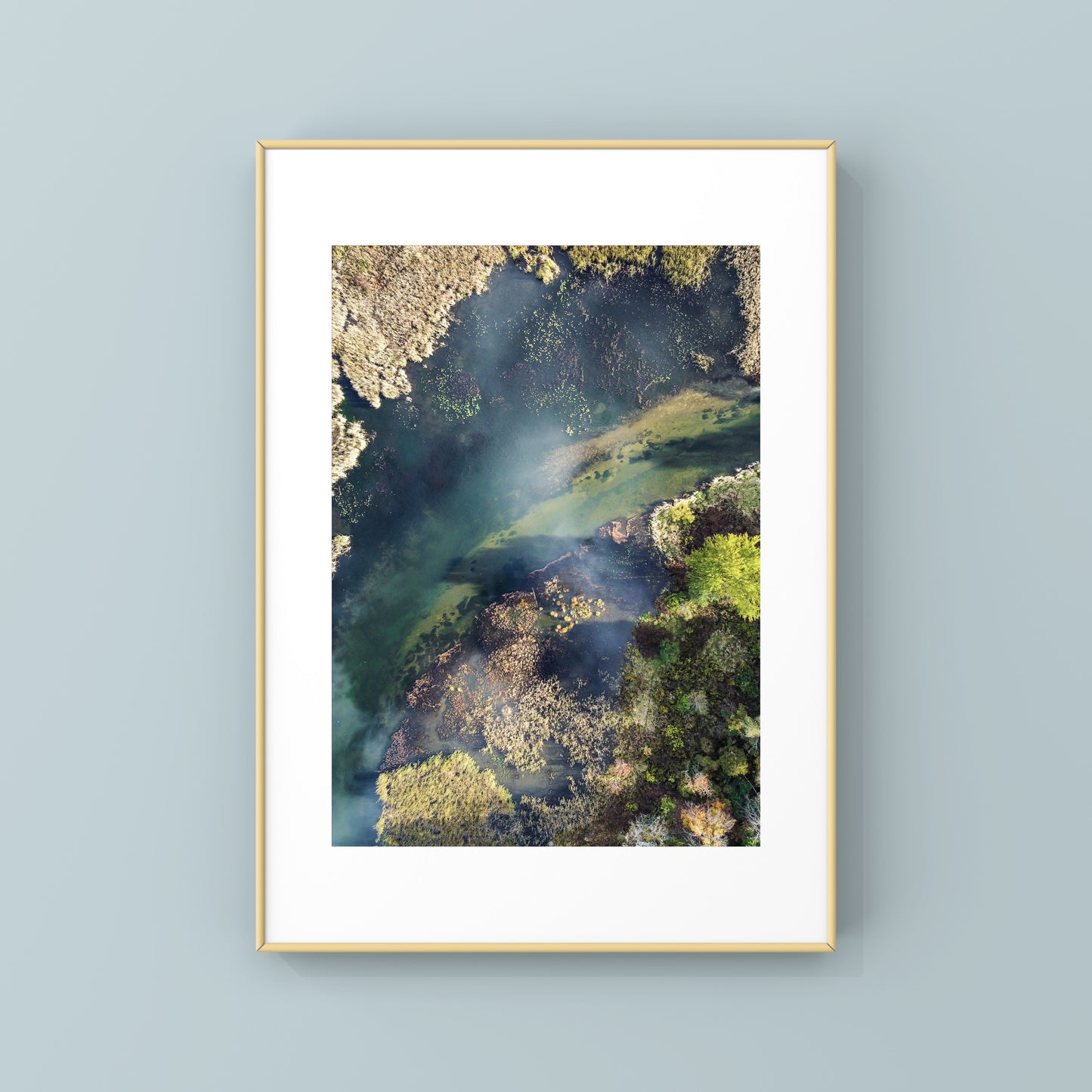 Aerial view of a river with green moss and shadows, the water is a deep turquoise blue, abstract nature photography print for sale