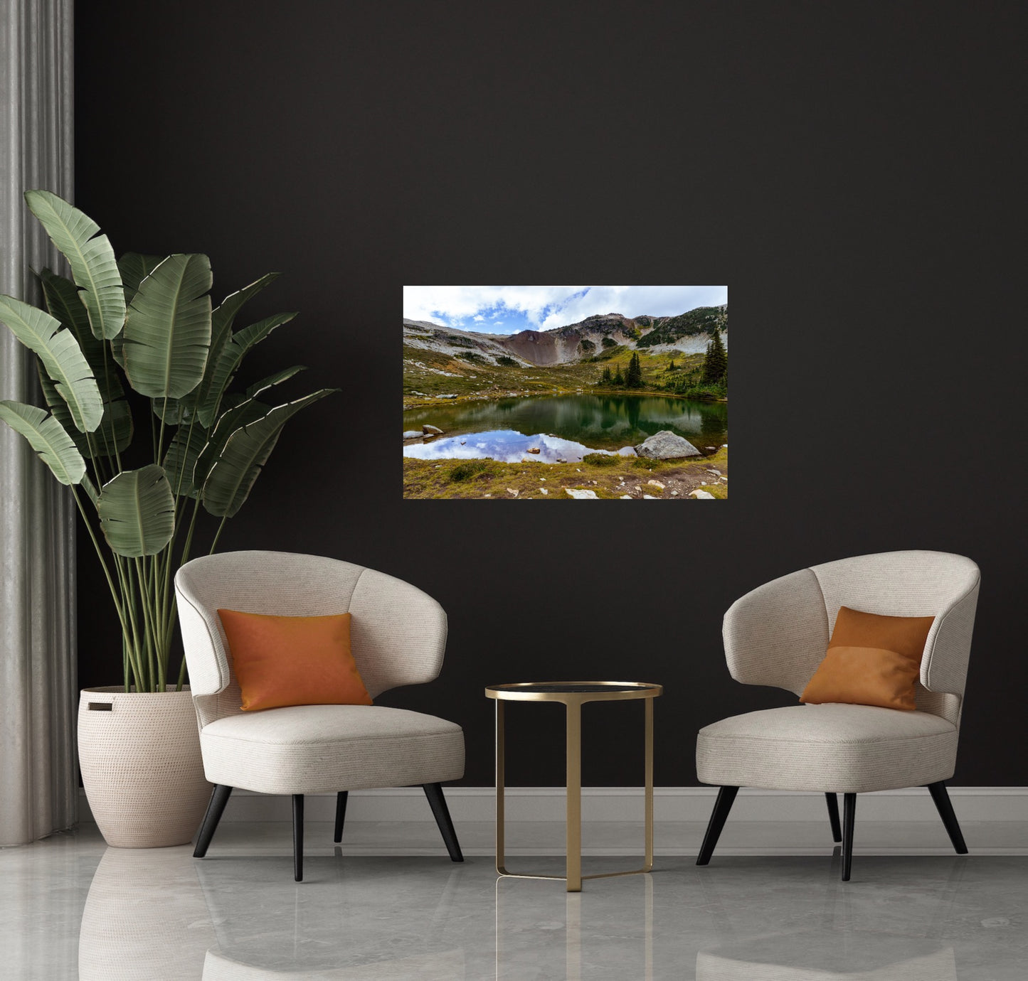 Mountain reflection on an alpine lake in Whistler mountain in British Columbia framed print