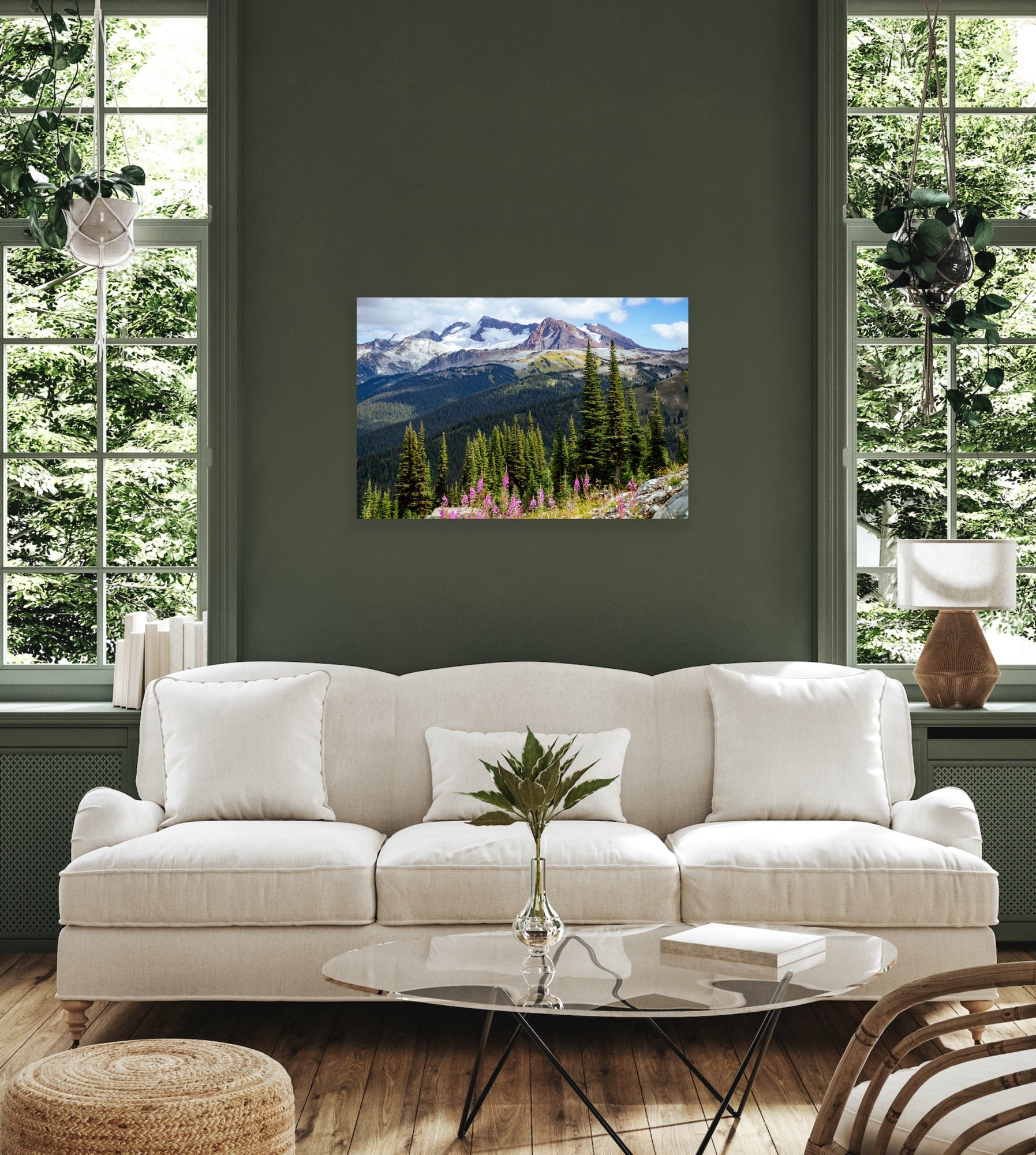 Whistler mountains with fireweed wildflowers in the foreground nature landscape photography print