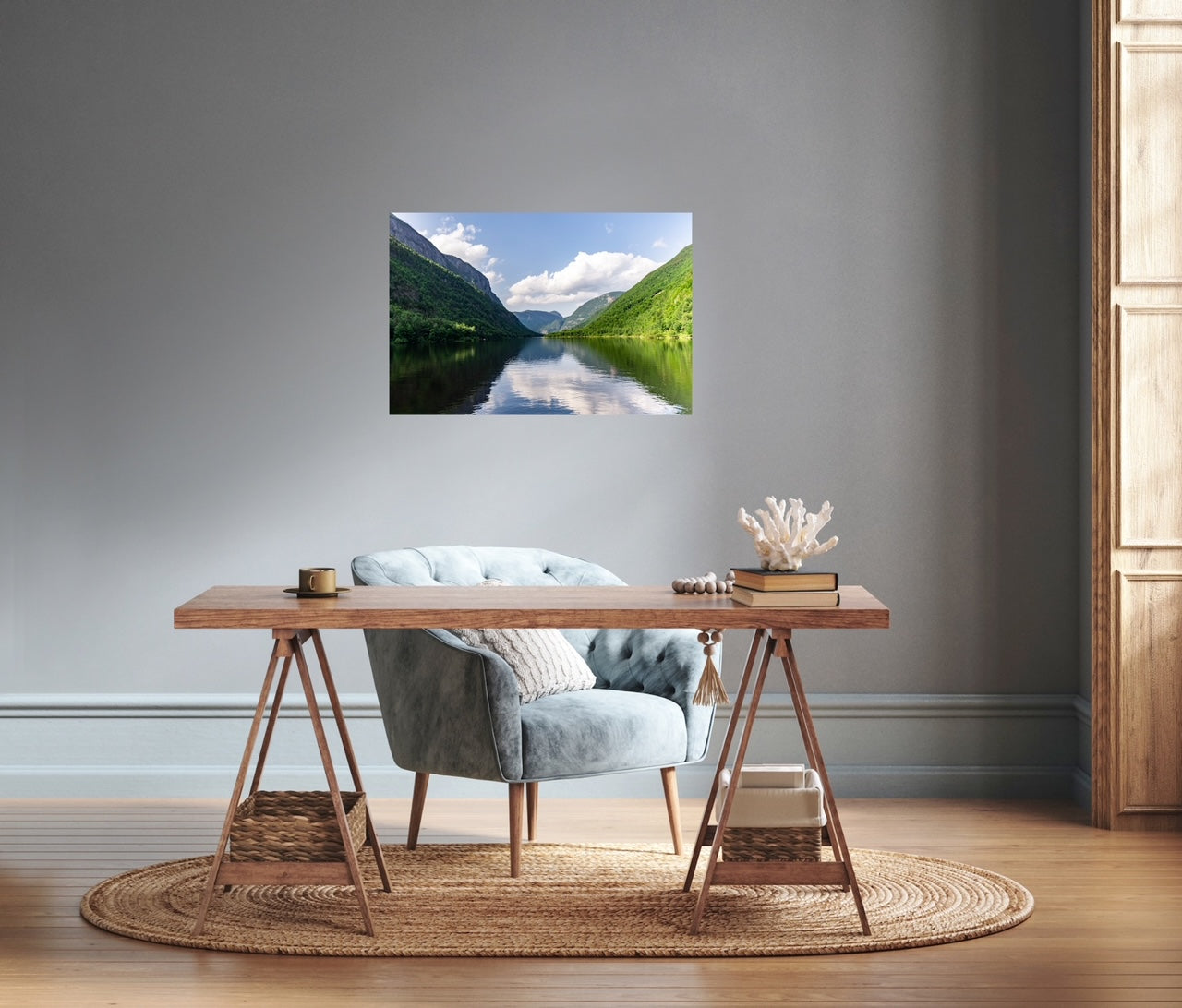 Photography print of mountains reflecting on the Malbaie river in Charlevoix, Quebec