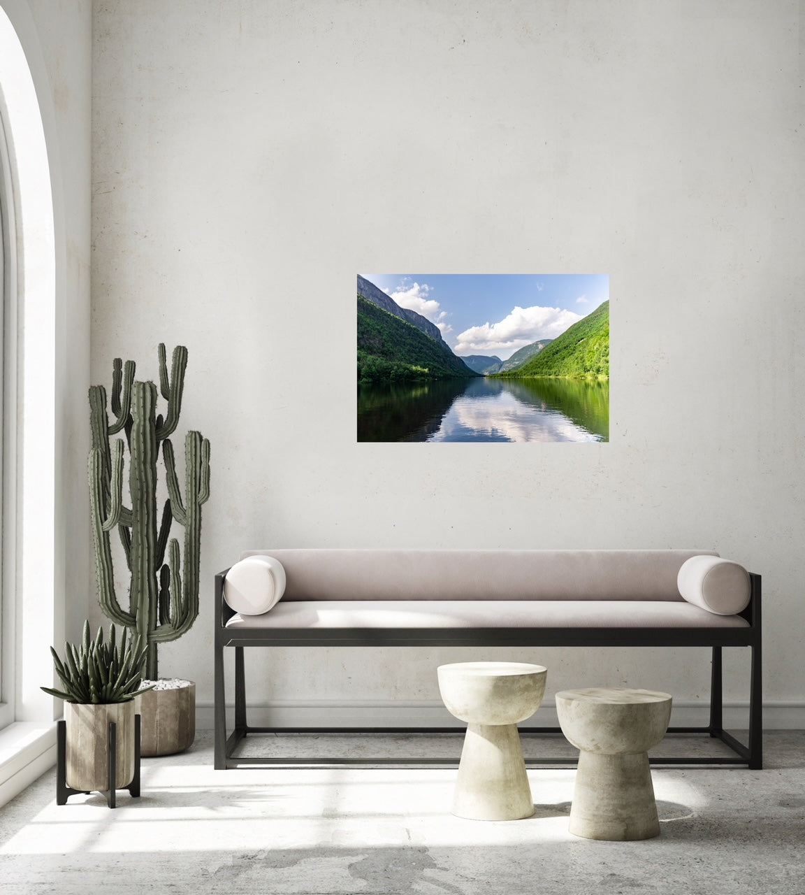 Photography print of mountains reflecting on the Malbaie river in Charlevoix, Quebec