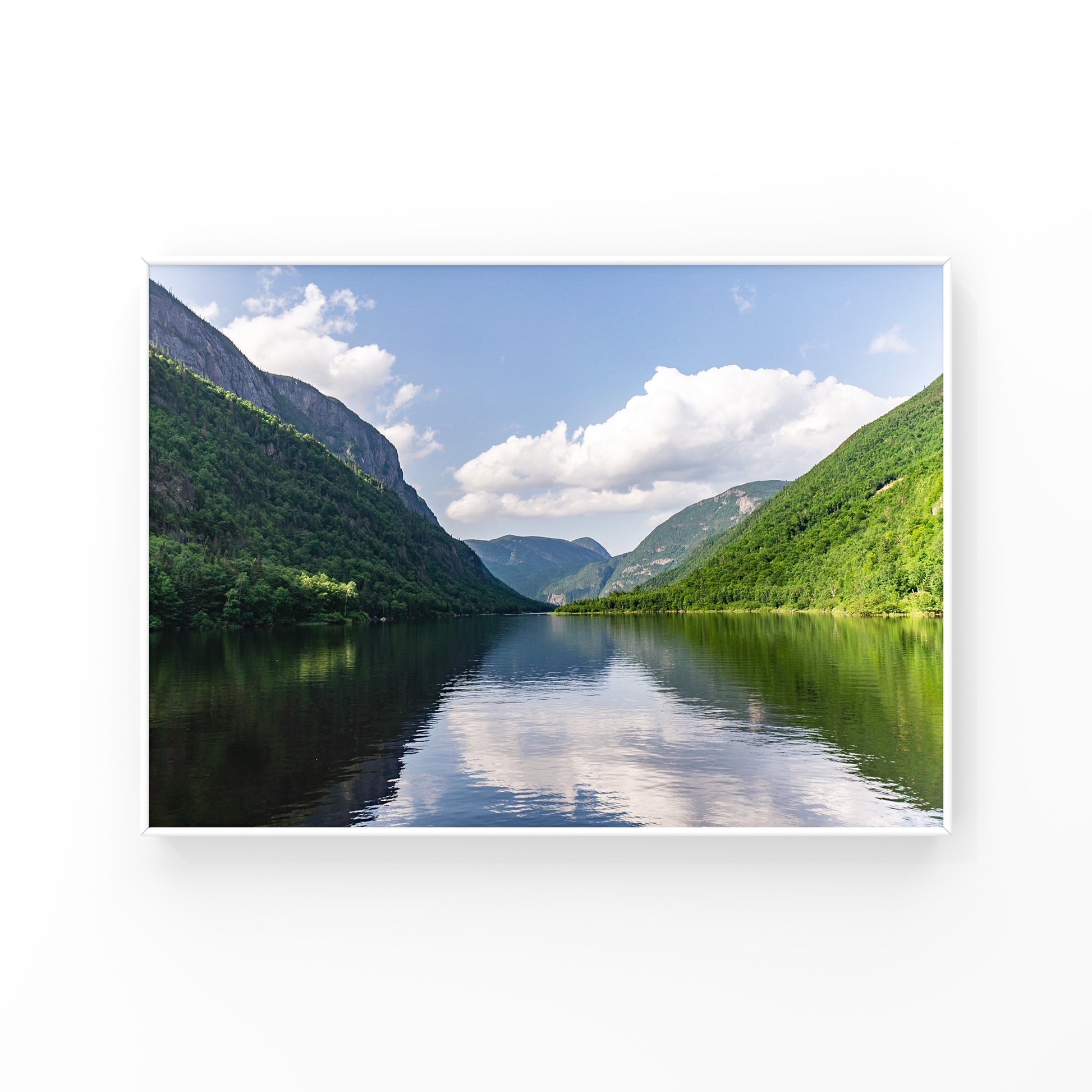 Photography print of mountains reflecting on the Malbaie river in Charlevoix, Quebec