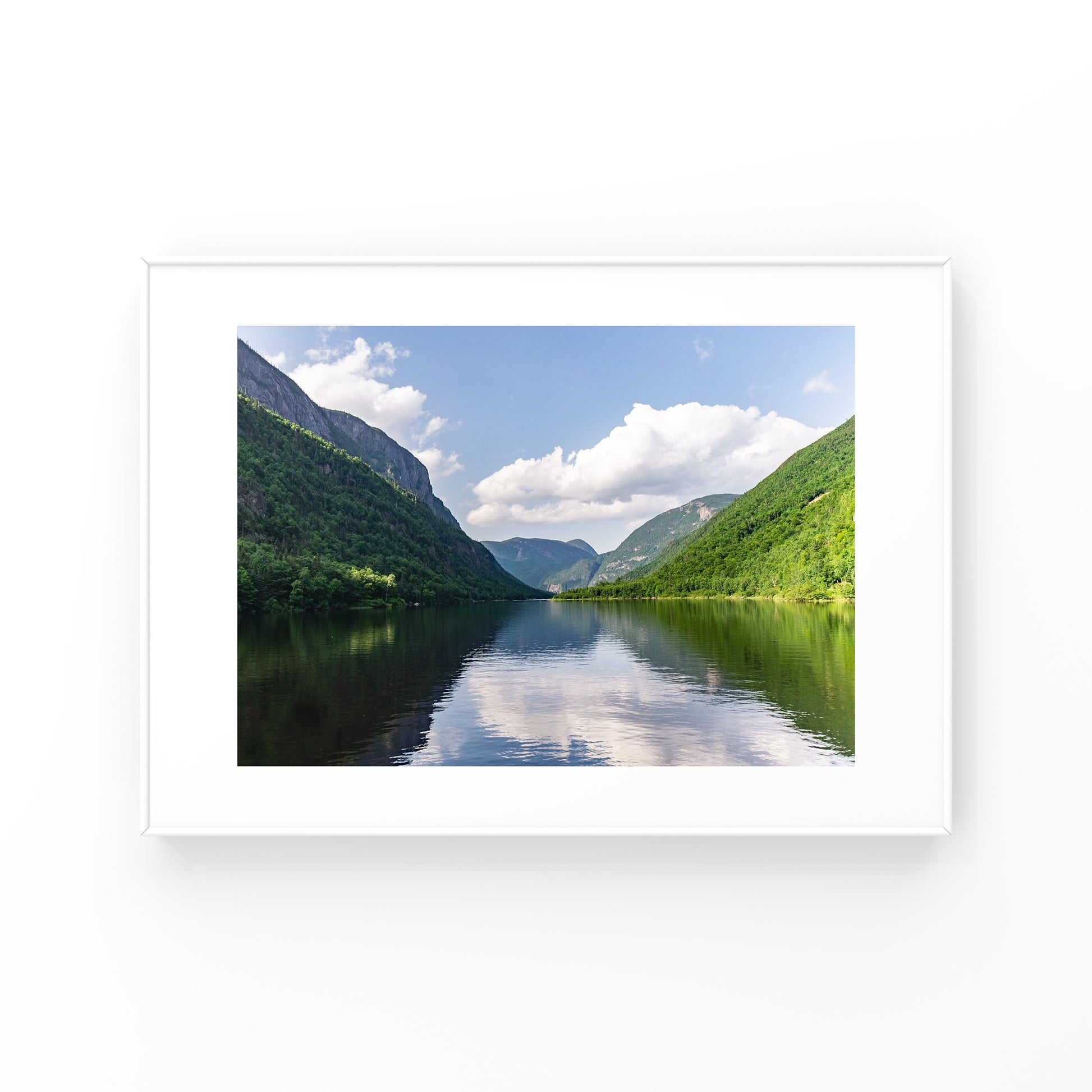 Photography print of mountains reflecting on the Malbaie river in Charlevoix, Quebec