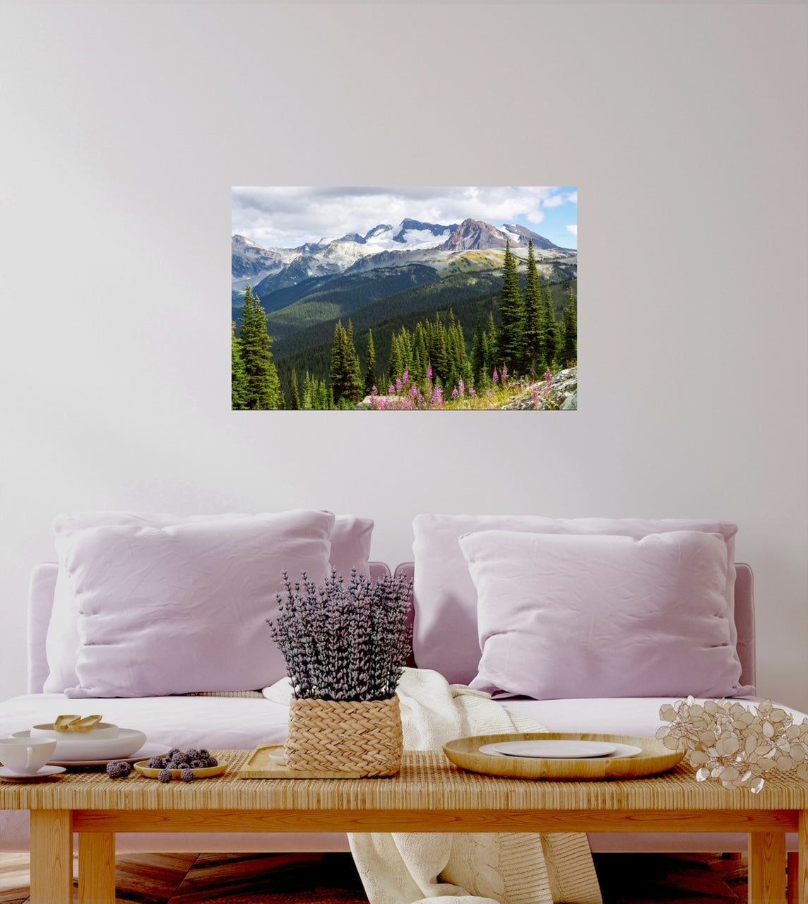 Whistler mountains with fireweed wildflowers in the foreground nature landscape photography print