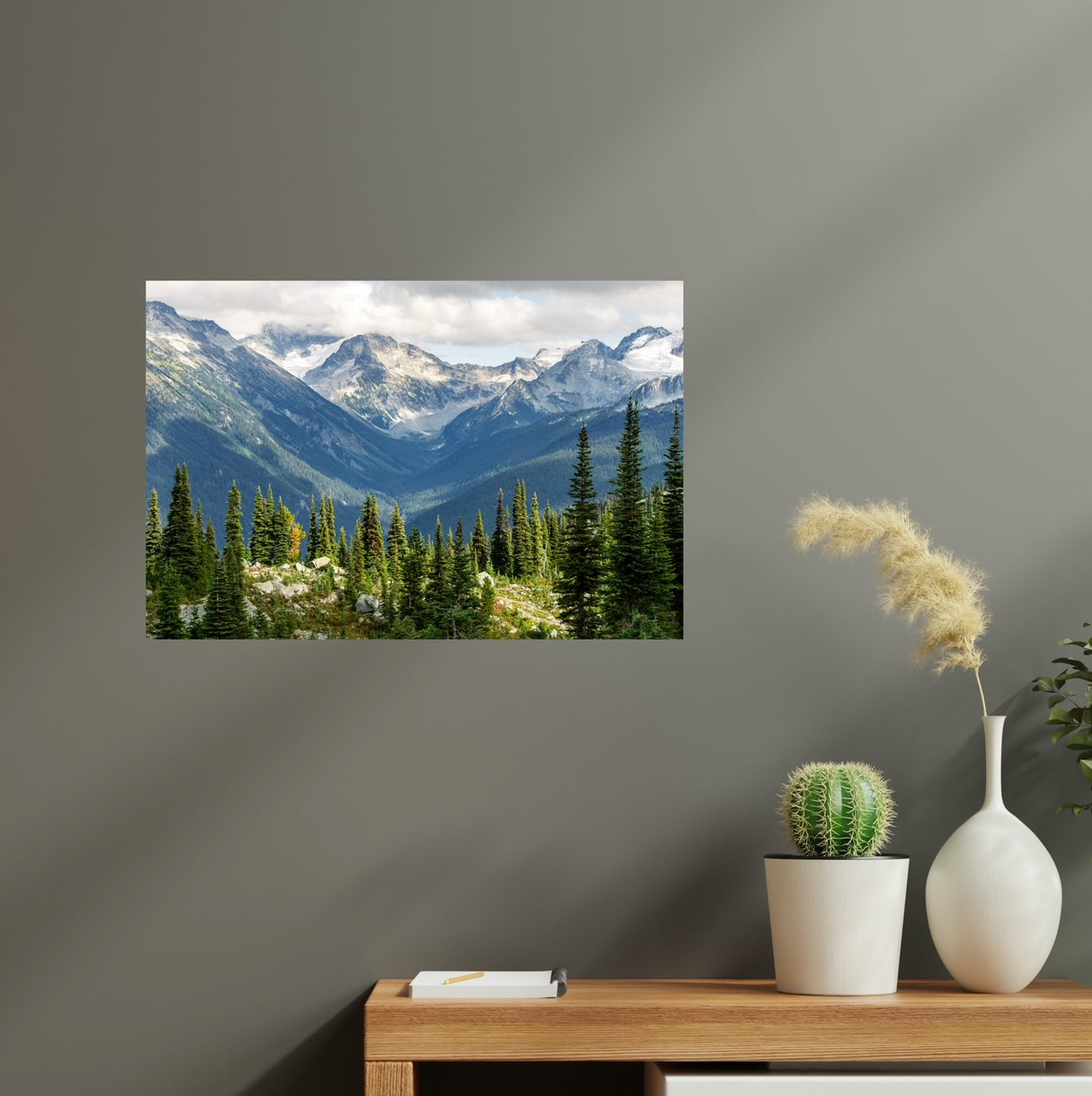 Whistler mountain nature photography print with lots of pine trees in the foreground