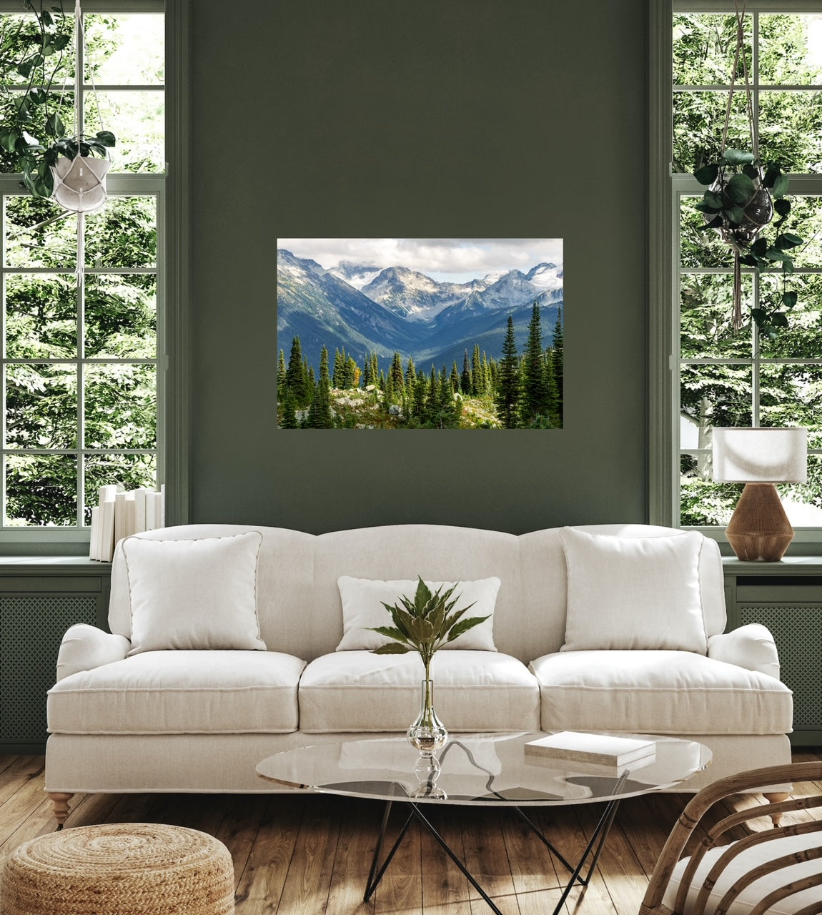 Whistler mountain nature photography print with lots of pine trees in the foreground