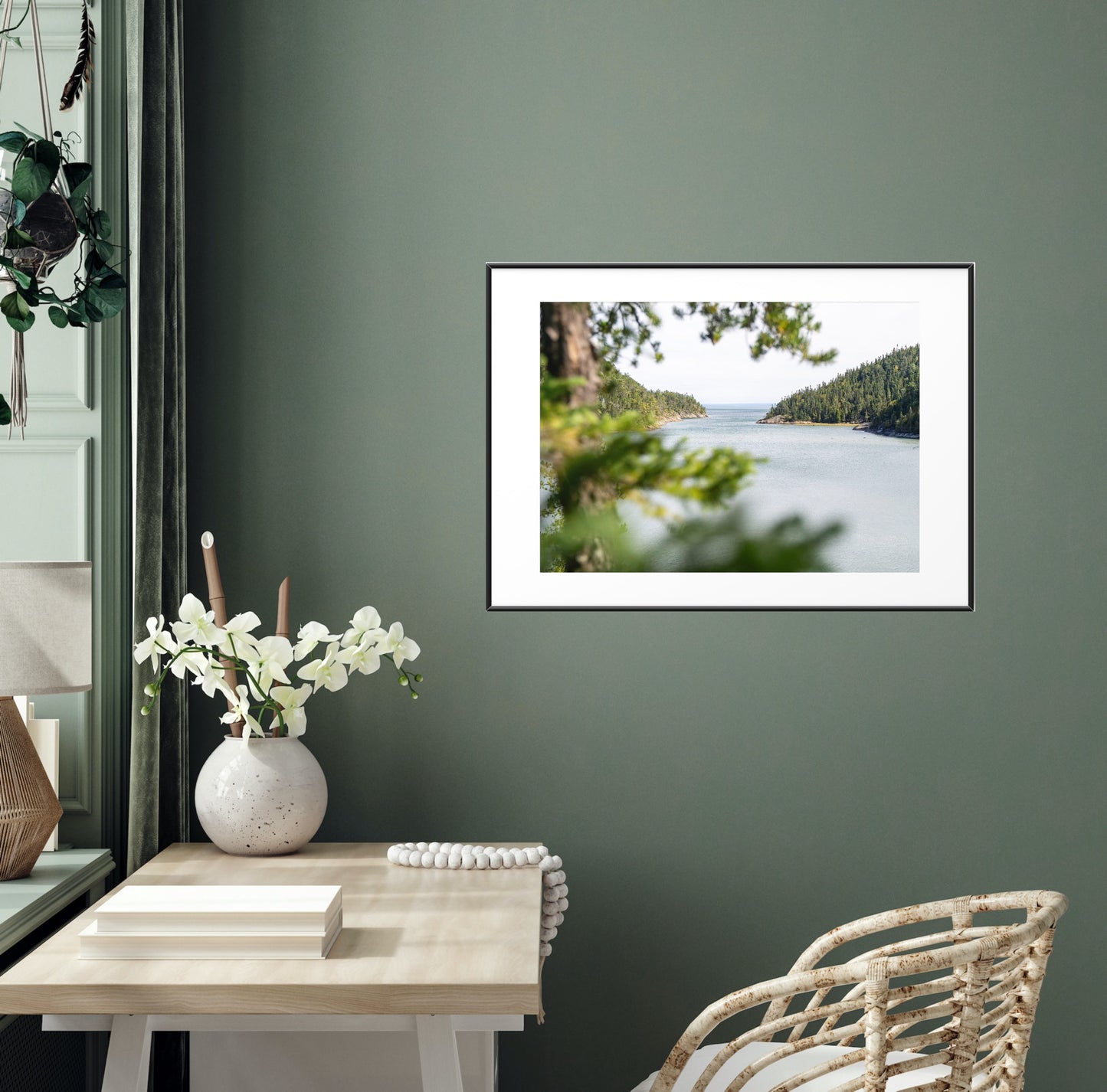 Peakaboo view through the pine trees, seeing the mountains embracing the shores of the St-Lawrence river at high tide photography print