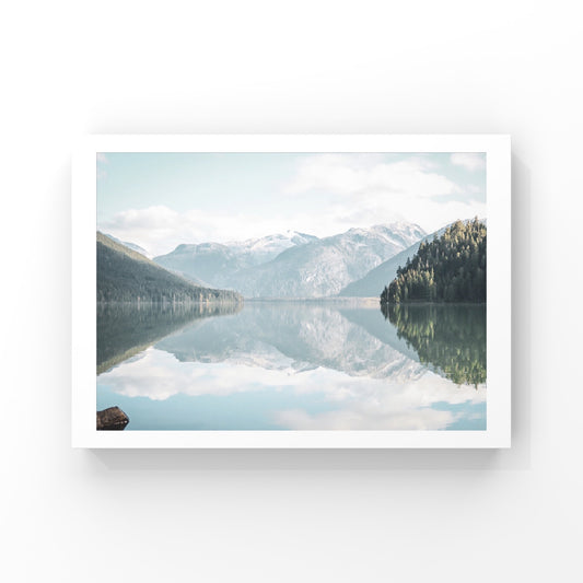 Photography print of a reflection of the mountains on Cheakamus Lake in Whistler, British Columbia