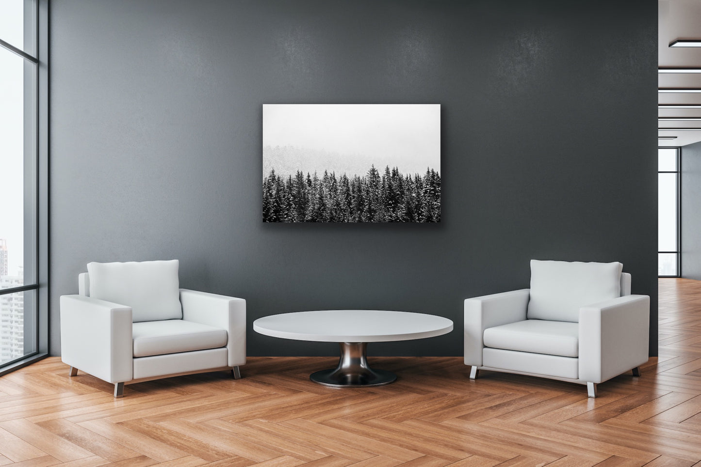 Black and white image in a frame of a wintery pine tree forest in Whistler