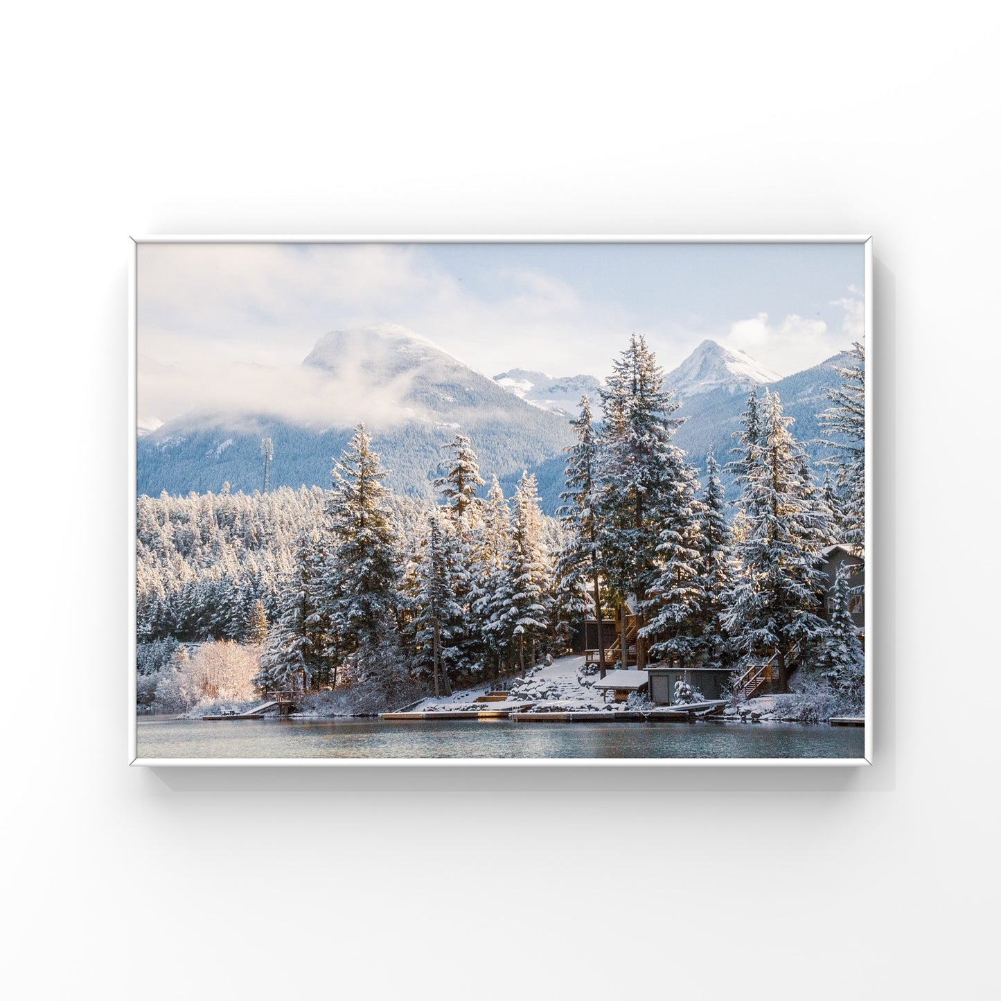 Wintery nature scenery at Green Lake in Whistler with the mountains in the background, photo print