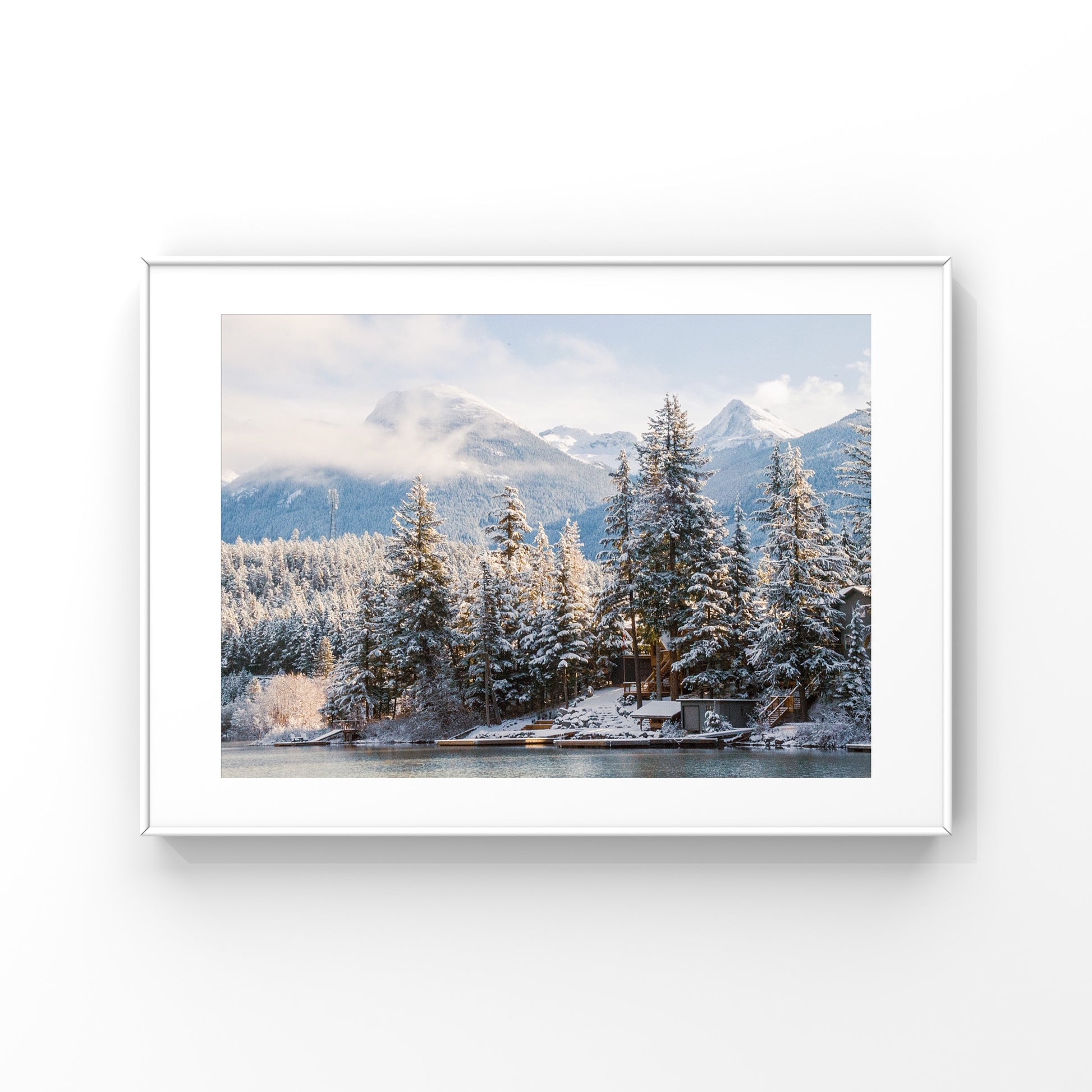 Wintery nature scenery at Green Lake in Whistler with the mountains in the background, photo print