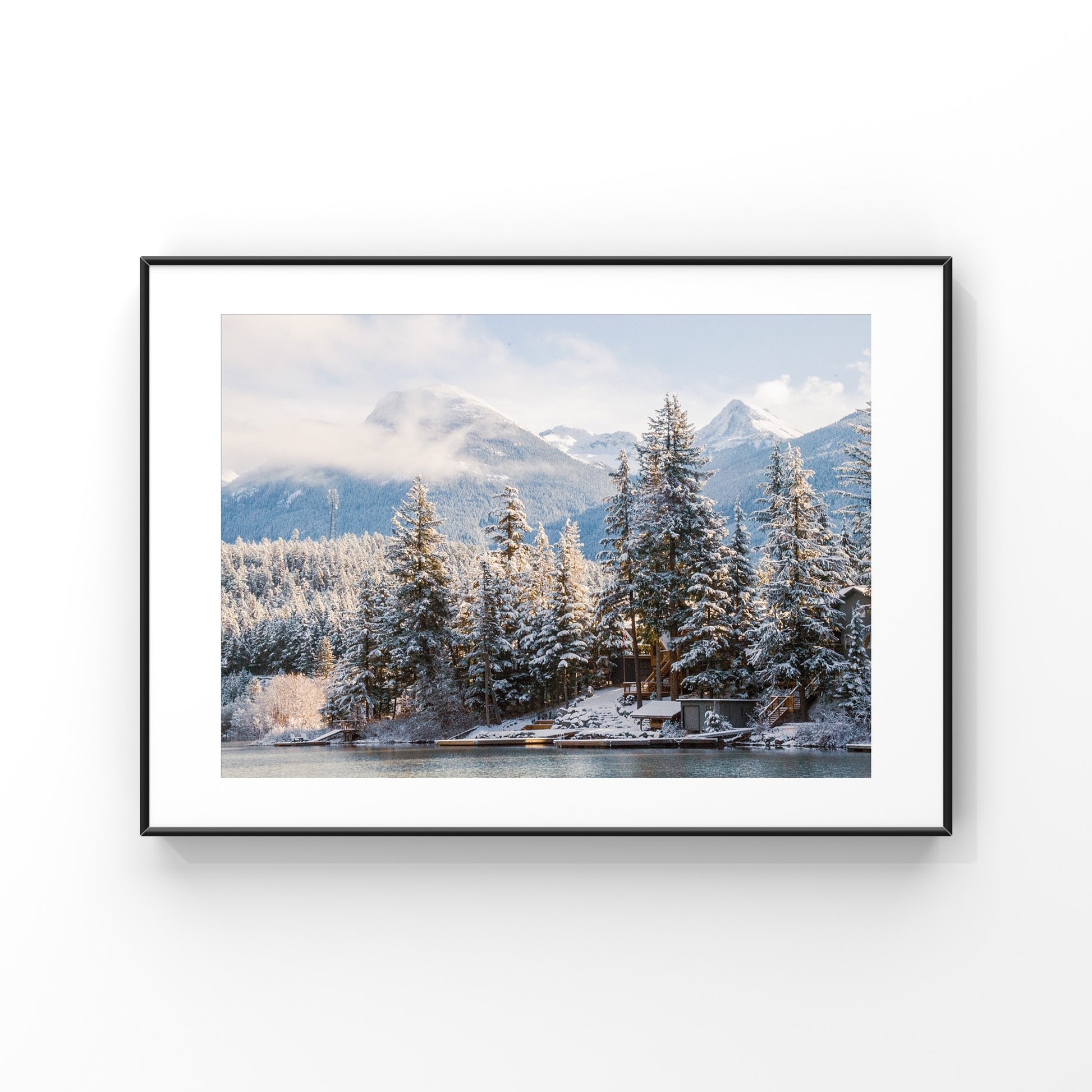 Wintery nature scenery at Green Lake in Whistler with the mountains in the background, photo print