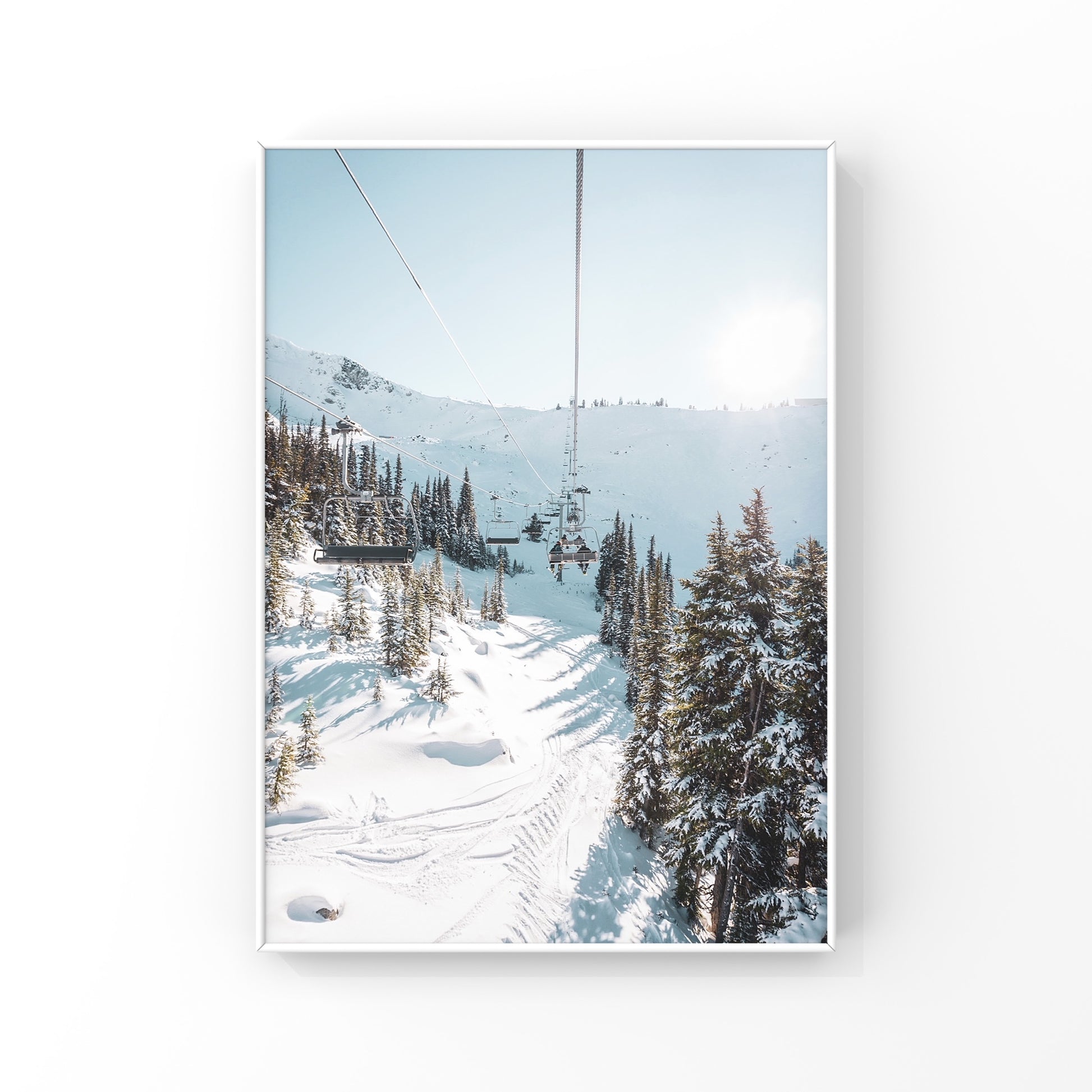 Photography print poster of Jersey Cream chairlift in Whistler on a sunny bluebird day with snowy trees 