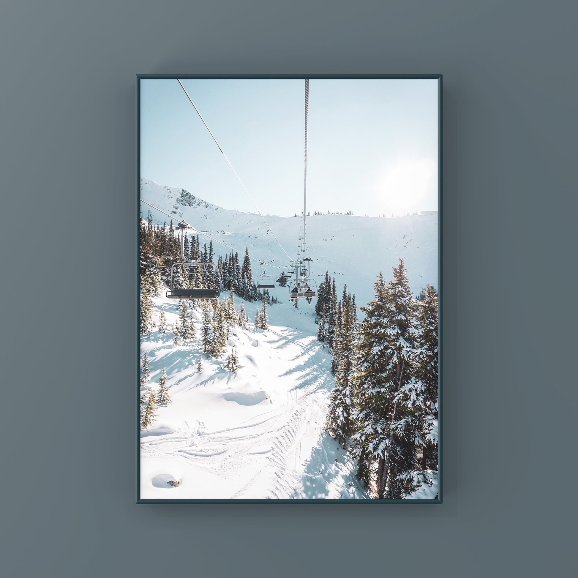 Photography print poster of Jersey Cream chairlift in Whistler on a sunny bluebird day with snowy trees 