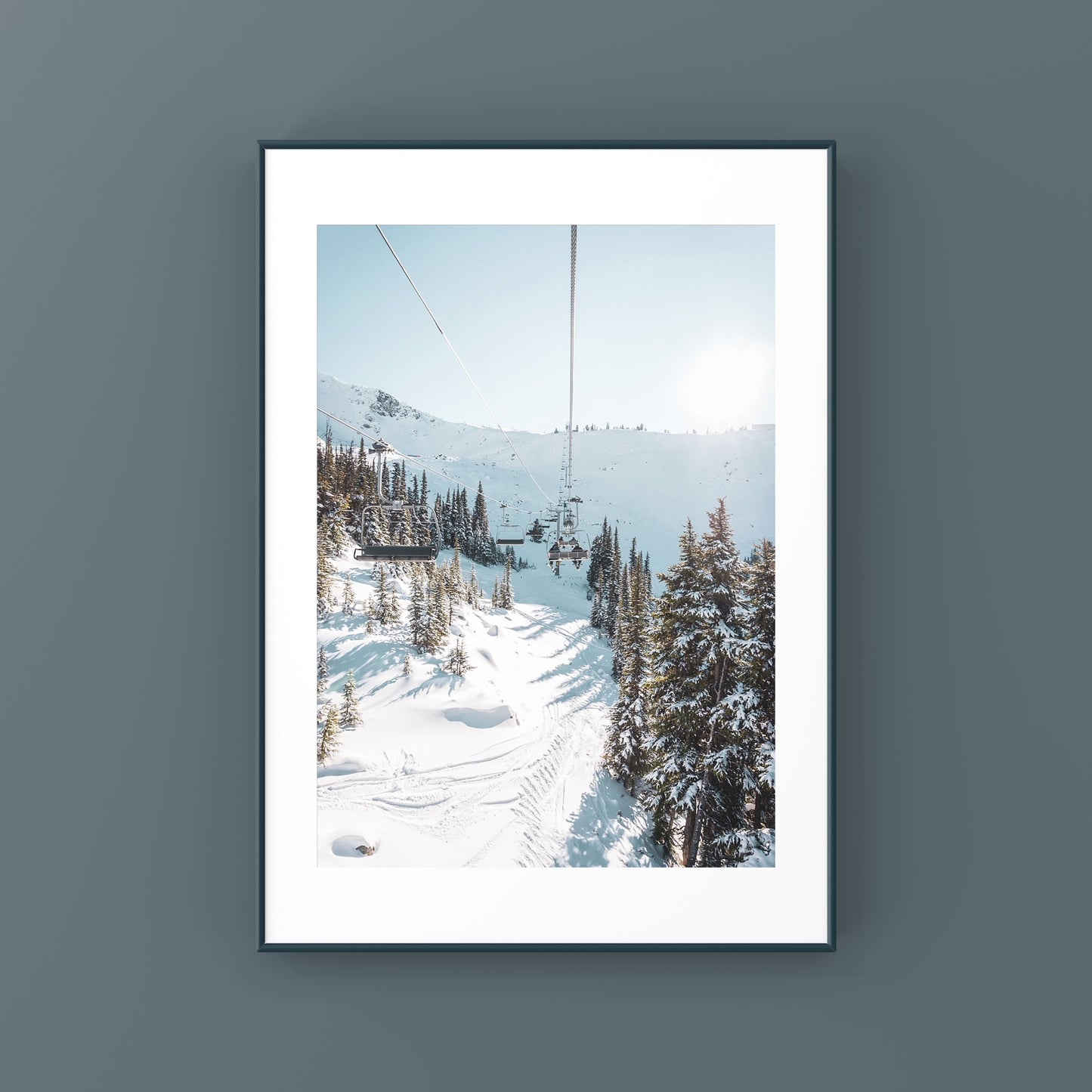 Photography print poster of Jersey Cream chairlift in Whistler on a sunny bluebird day with snowy trees 