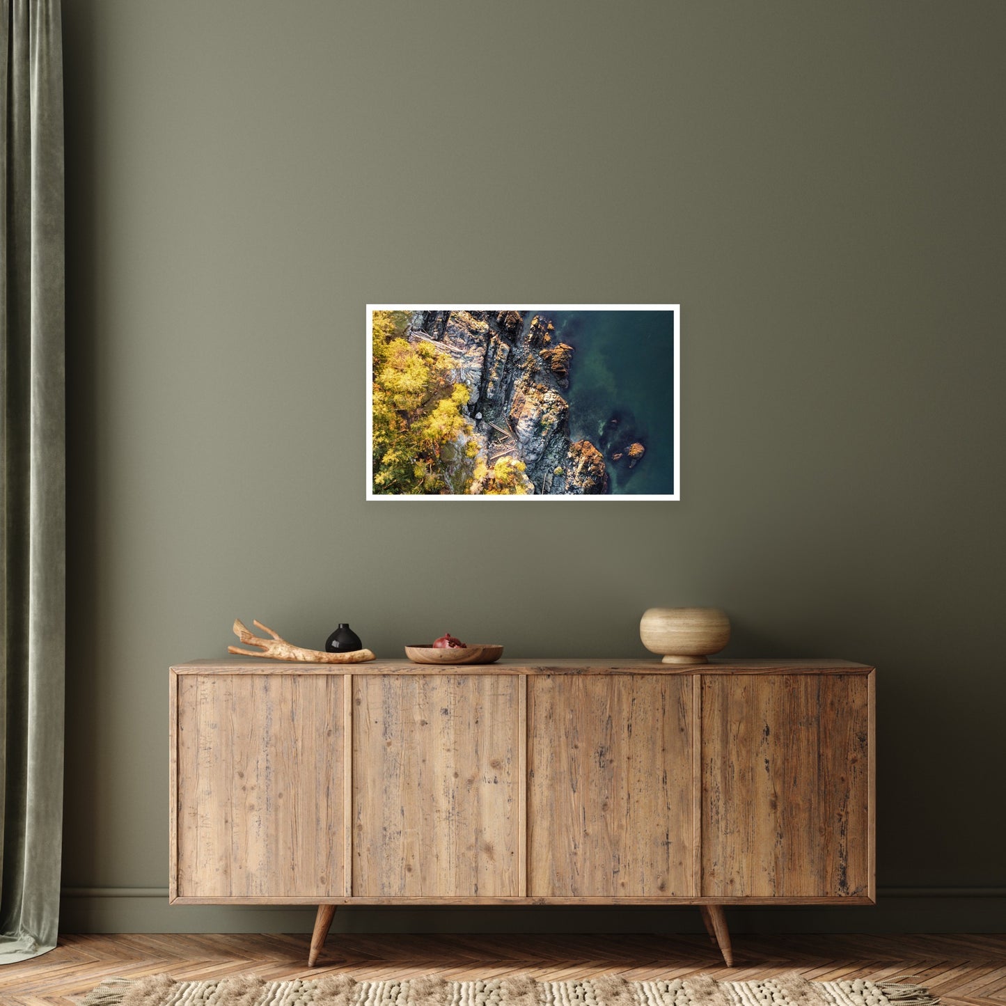 Aerial view of an ocean rocky shore on Bowen Island in British Columbia photography print for your home decor.