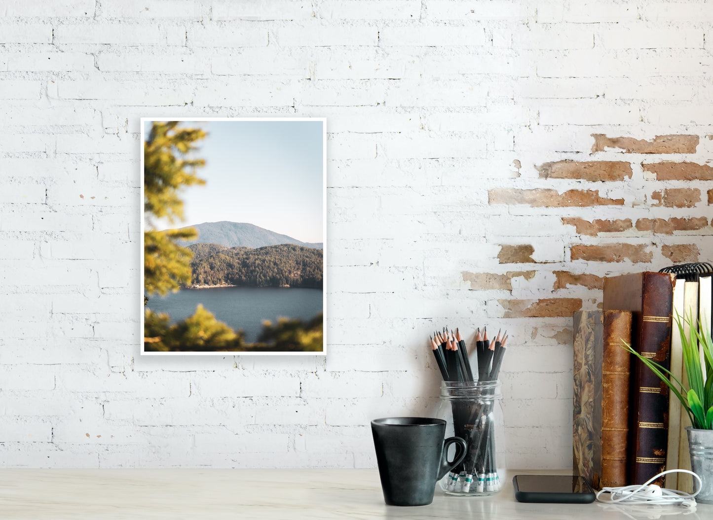 Mountain view photography print from the Sunshine Coast in British Columbia, ith the ocean and the pine trees in the foreground