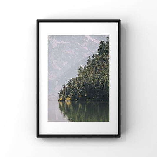 Pine trees reflecting on a lake with the tall mountains in the background from Whistler, Print and posters