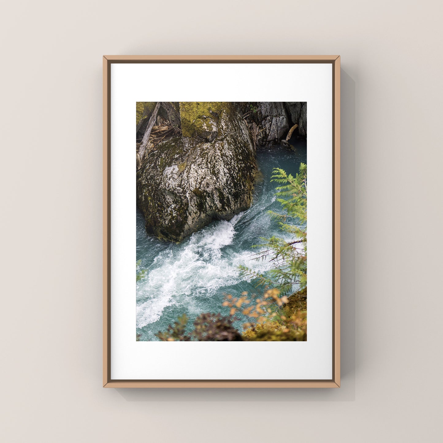 Aerial view of a glacier-fed river with surrounding nature and cliffs, photography print of Whistler, British Columbia