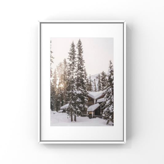 Winter cabin at Lake Louise in Alberta photography print