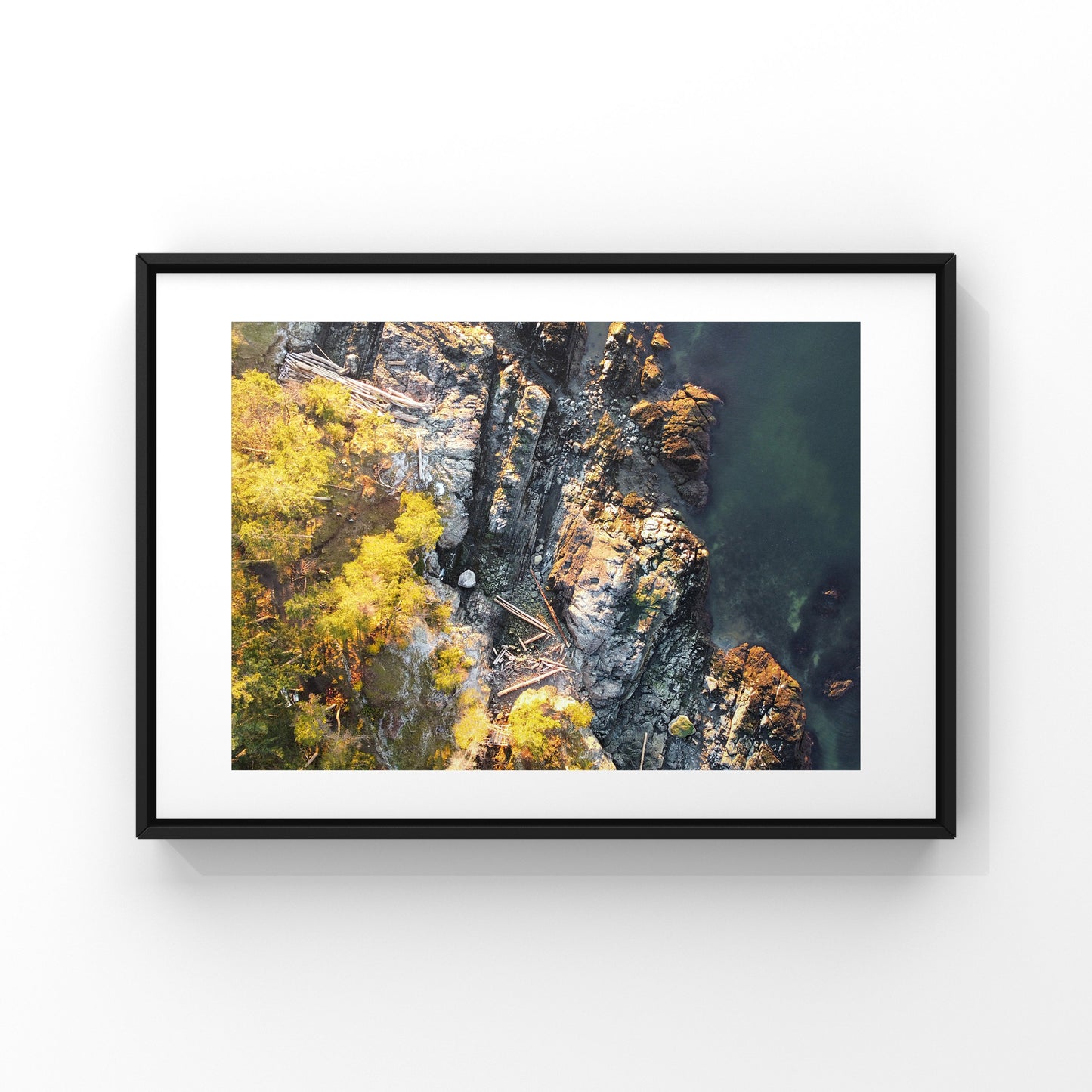 Aerial view of an ocean rocky shore on Bowen Island in British Columbia photography print for your home decor.