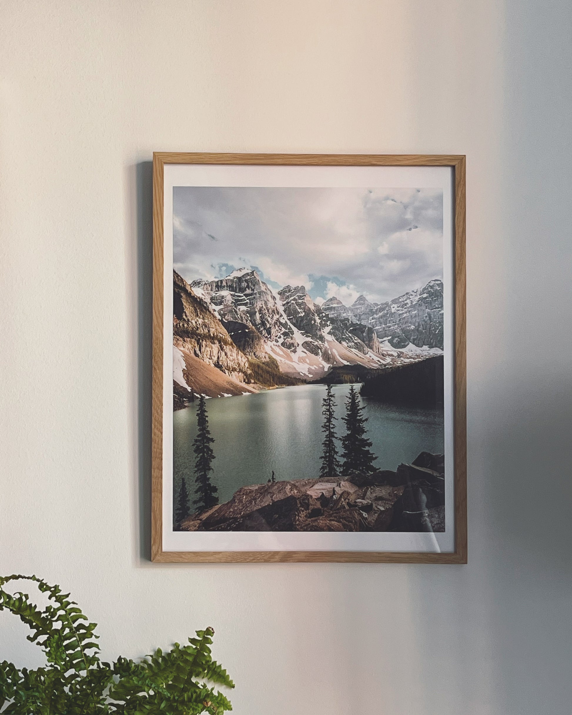 Mountain sunset photography print of Moraine Lake close to Lake Louise in Alberta, Canada. 