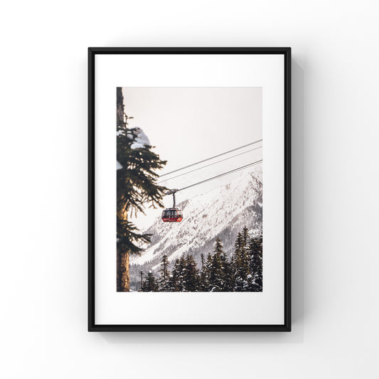 Whistler Blackcomb's Peak 2 Peak gondola in the winter with snowy trees and white mountain photography print