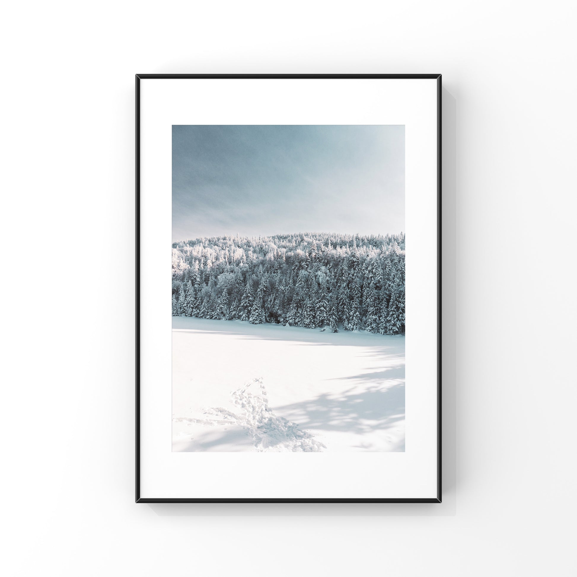 Frozen lake in a winter wonderland forest in Sutton, Quebec print poster 