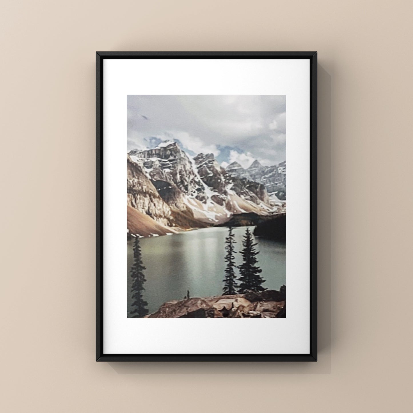 Mountain sunset photography print of Moraine Lake close to Lake Louise in Alberta, Canada. 