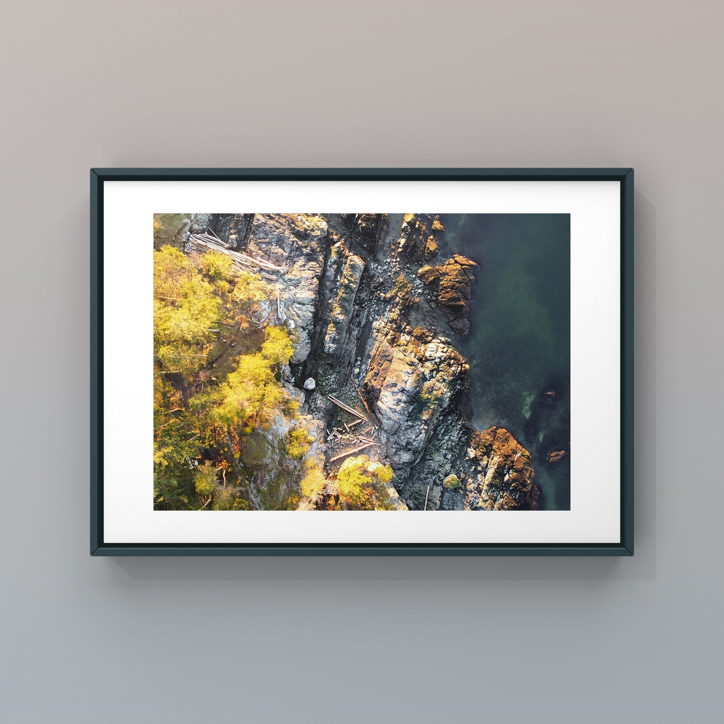 Aerial view of an ocean rocky shore on Bowen Island in British Columbia photography print for your home decor.