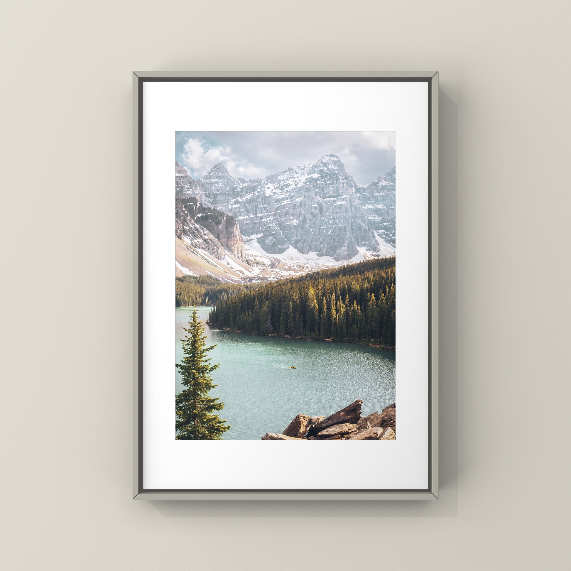 Photography print of pine trees and mountains at Moraine Lake in Alberta