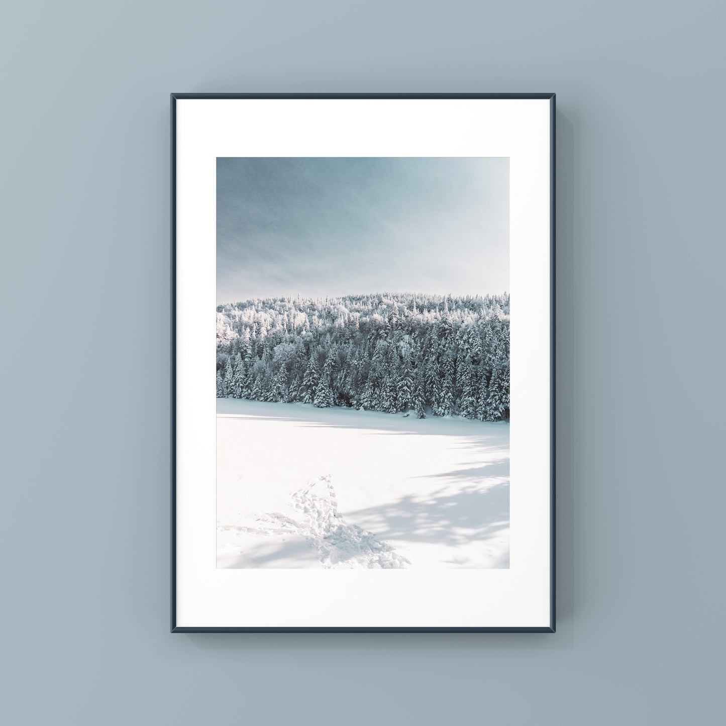 Frozen lake in a winter wonderland forest in Sutton, Quebec print poster 