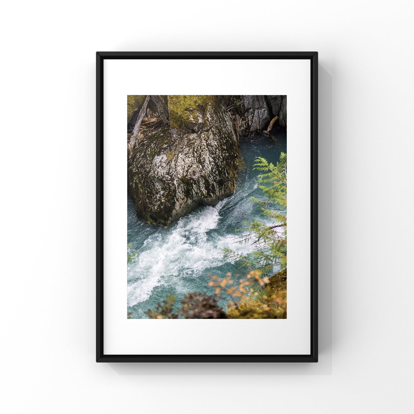 Aerial view of a glacier-fed river with surrounding nature and cliffs, photography print of Whistler, British Columbia