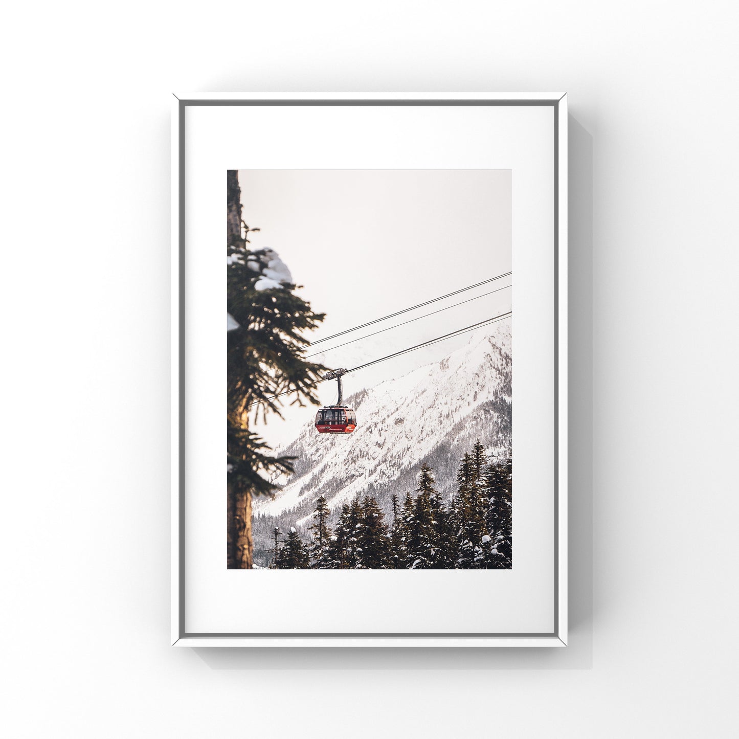 Whistler Blackcomb's Peak 2 Peak gondola in the winter with snowy trees and white mountain photography print