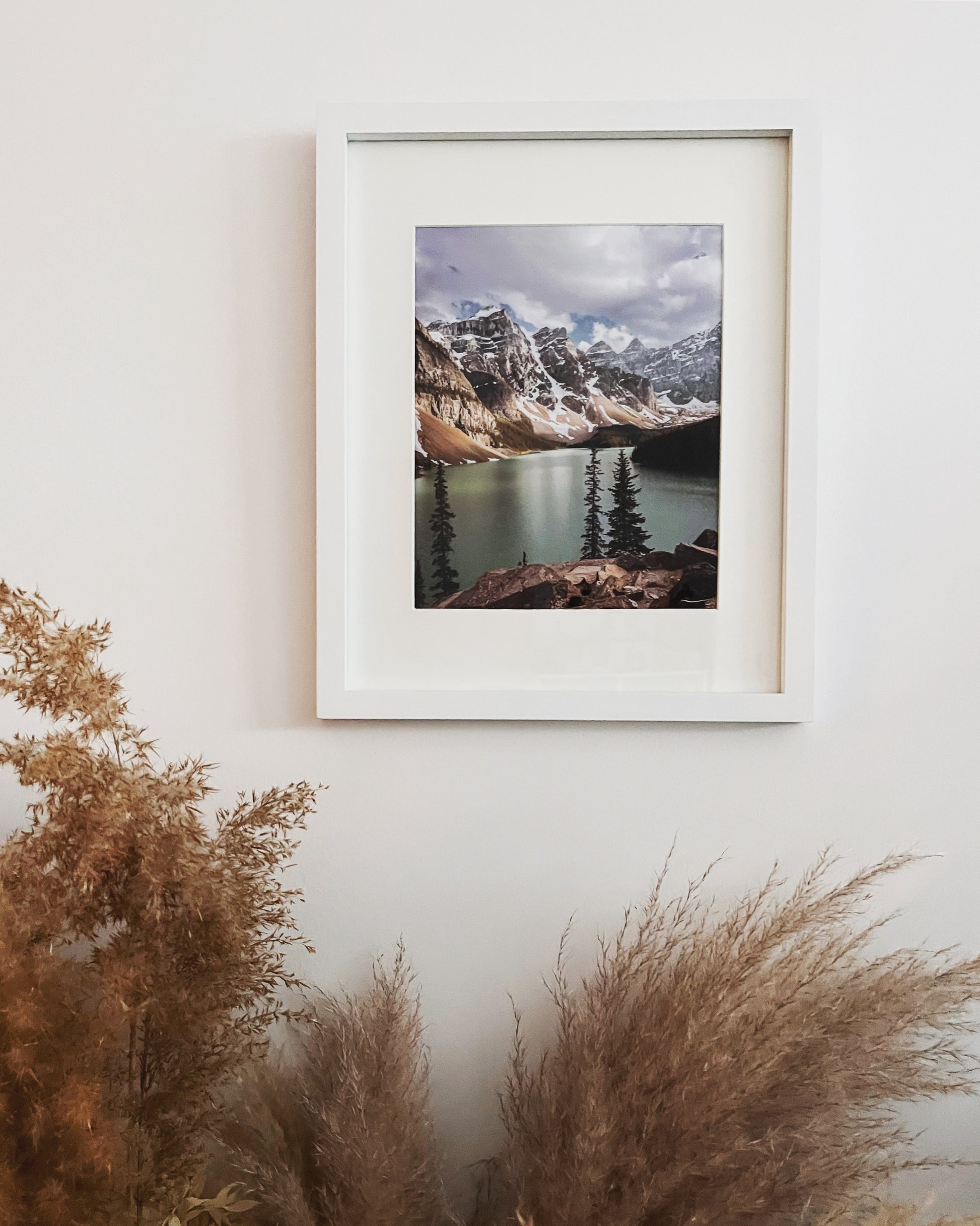 Mountain sunset photography print of Moraine Lake close to Lake Louise in Alberta, Canada. 